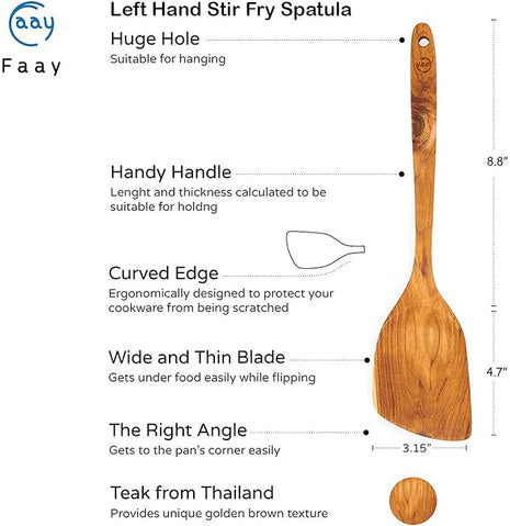FAAY 13.5” Left-Hand Stir Fry Spatula – True Left-Hand Angled Teak Wooden Turner for Wok & Nonstick Pans, Natural Coconut Oil Finish, Handcrafted Wood Tool for Stirring & Flipping