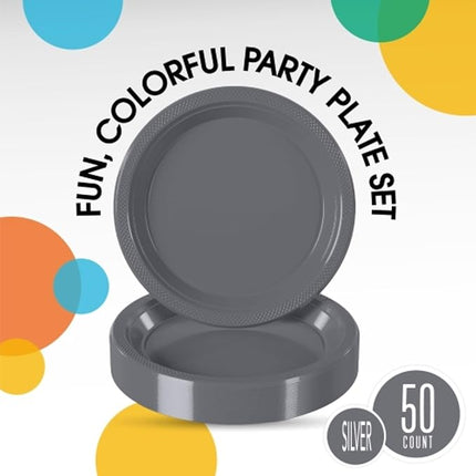 Exquisite Party Solids Silver Plastic Plates For Party Supplies 9" Silver Disposable Plates Heavy Duty 50 Pcs Plastic Dinnerware Sets Heavy Duty 350 GSM Disposable Dinnerware Set