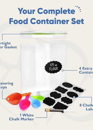 Chef's Path Kitchen Storage Box Set of 4 Extra Large Airtight Food Storage Jars for Sugar Flour Cereal Rice - Measuring Spoons, Pen and Food Preservation Labels (5.2 L)