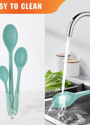 3 Pcs Silicone Spoons Set of 7.9 10.6 14.2 inch for Cooking, Heat Resistant Kitchen Spoons for Mixing, Stirring, and Serving, Small to Large Non Stick (Green)