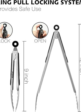 Anaeat Premium Stainless Steel Kitchen Tong Set of 2 - Sturdy Coiled Spring 9" and 12" Locking Food Tong with Non-Slip Silicone Grip for Cooking, Baking, Grilling, BBQ - Heat Resistant up to 480°F