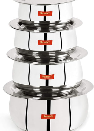Sumeet Stainless Steel Belly Shape 4 Pc Tope/Cookware/Pot Set with Lid 380ML, 500ML, 780ML, 1.1Ltr, (Silver)