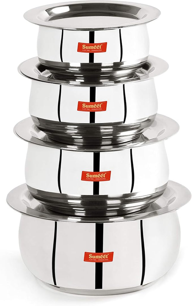 Sumeet Stainless Steel Belly Shape 4 Pc Tope/Cookware/Pot Set with Lid 380ML, 500ML, 780ML, 1.1Ltr, (Silver)