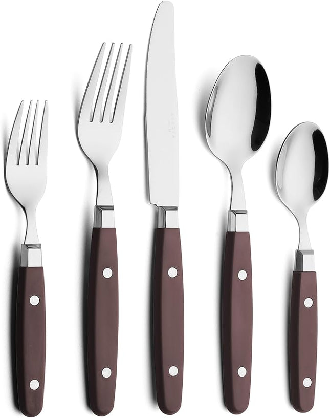 ANNOVA Silverware Set, Retro/Rivet Colorful Stainless Steel Tableware Kitchen Flatware Set Utensils, Includes Dinner Knives, Forks, Spoons, Salad Forks & Dessert Spoons (Chocolate Brown, 20 Pieces)
