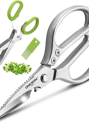 ONEBOM Kitchen Shears 2 Pack,Multi-Function Kitchen Scissors Heavy Duty Sharp 304 Stainless Steel, Apartment Kitchen Accessories Cooking Shears for Chicken,Meat,Fish,Poultry(Sliver)