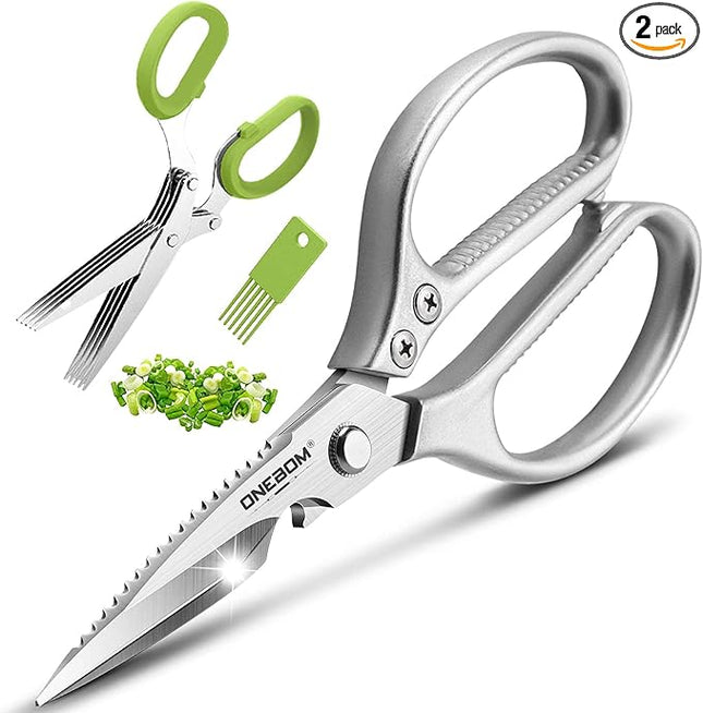 ONEBOM Kitchen Shears 2 Pack,Multi-Function Kitchen Scissors Heavy Duty Sharp 304 Stainless Steel, Apartment Kitchen Accessories Cooking Shears for Chicken,Meat,Fish,Poultry(Sliver)