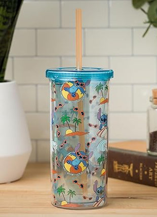 Silver Buffalo Disney Lilo and Stitch Beach Island Stitch in Floatie Swim Ring Plastic Glitter Cold Cup with Lid and Straw, 20 Ounces (Pack of 12)