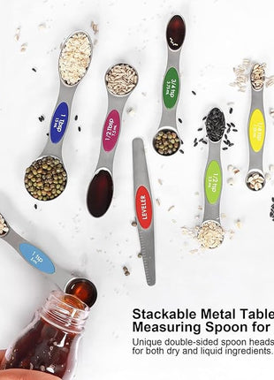 Multicolor Magnetic Measuring Spoons Set with Leveler - Stainless Steel, Stackable, Fits Spice Jars - For Baking Kitchen