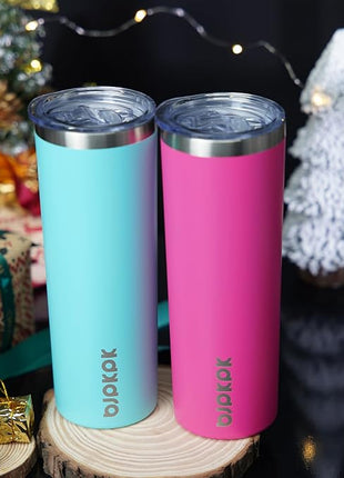 BJPKPK 20oz Skinny Tumblers with Lid Insulated Travel Coffee Cup Stainless Steel Thermal Mug,Turquoise,Pink (Pack of 24)