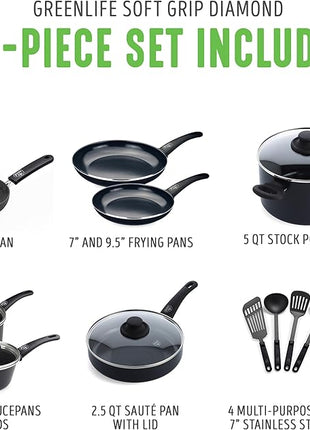 GreenLife 16 Piece Nonstick Cookware Set, Soft Grip Non-Toxic PFAS-Free Ceramic Pots & Pans, Dishwasher & Oven Safe, Frying, Sauce, Saute, Utensils, Glass Lids, Stay-Cool Handles, Wobble Free, Black