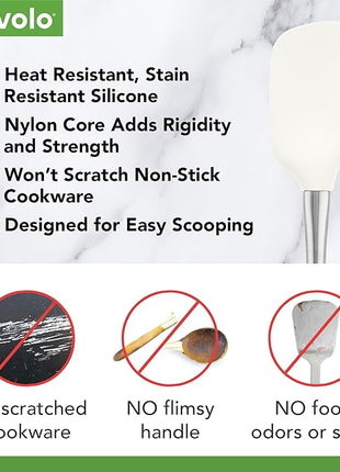 Spoon Spatula Spoonula with Stainless Steel Handle Ergonomic Grip White, Silicone Scoopula Kitchen Utensil Non Scratch Easy Clean Dishwasher Safe Heat Resistant Flex Core Scoop Spatula Tovolo