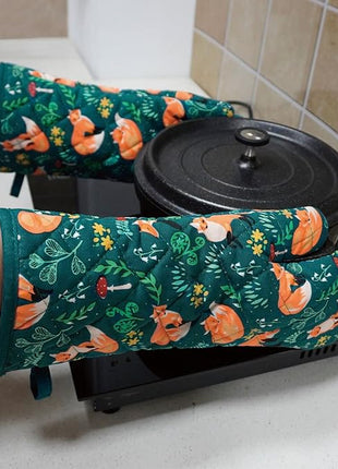 Oven Mitts Cotton Fashion Cute Fox Design 1 pair Heat Resistant Oven Gloves Safe Cooking Baking Grilling Barbecue Machine Washable (fox, oven mitts)