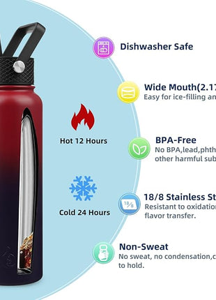 BJPKPK Insulated Water Bottles with Straw Lid, 40oz Cold & Hot Thermo, Stainless Steel Metal Water Bottle with 3 Lids, Reusable Thermo, Cups, Mugs, Tumblers,Charming Red