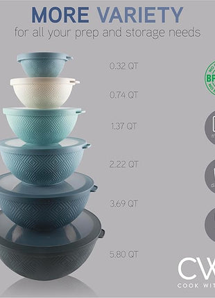 COOK WITH COLOR Mixing Bowls with Lids - 12 Piece Plastic Nesting Bowls Set includes 6 Prep Bowls and 6 Lids, Rhombus Design - Microwave Safe (Blue)