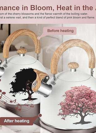 ARC Stainless Steel 2-Quart Whistling Milk White Tea Kettle with Magic Color Changing Design, Stovetop Teapot With Folding Cup & Trivet Mat