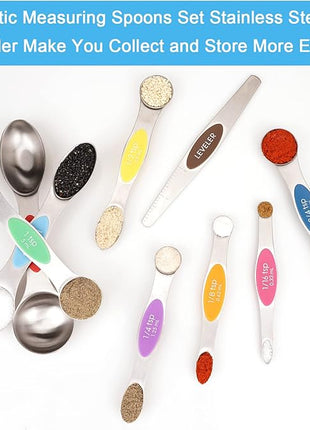 Aovchei 9 PCS Magnetic Measuring Spoons Set, Dual Sided, Stainless Steel Small Tablespoon, Teaspoons, Fits in Spice Jars, for Dry and Liquid, MultiColor