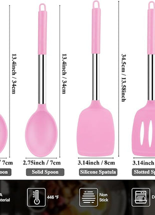 Silicone Spatula Spoon Set, 4 PCS Silicone Cooking Utensils Spatula Spoon Set with Stainless Steel Handle, BPA Free Kitchen Turners for Frying, Mixing, Serving, Draining, Turning, Stirring, Pink