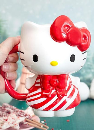 Silver Buffalo Sanrio Hello Kitty Christmas Holiday Candy Cane Dress 3D Sculpted Ceramic Mug, 20 Ounces