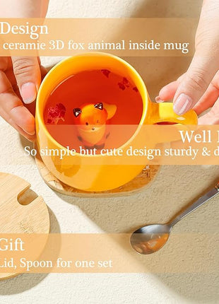 BigNoseDeer Kawaii Fox Mug Cute Mugs with 3D Fox Inside Ceramic Coffee Mug with Lid and Spoon Cute Stuff Birthday Gifts Cute Gifts For Women 13.5oz