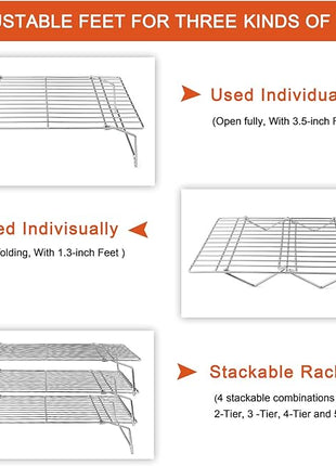 P&P CHEF Cooling Rack, 5-Tier Stainless Steel Stackable Baking Cooking Racks for Cooling Roasting Grilling, Collapsible & Heavy Duty, Oven Safe & Easy Clean, 15" x 10", Silver