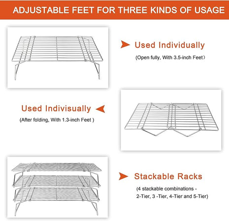 P&P CHEF Cooling Rack, 5-Tier Stainless Steel Stackable Baking Cooking Racks for Cooling Roasting Grilling, Collapsible & Heavy Duty, Oven Safe & Easy Clean, 15" x 10", Silver
