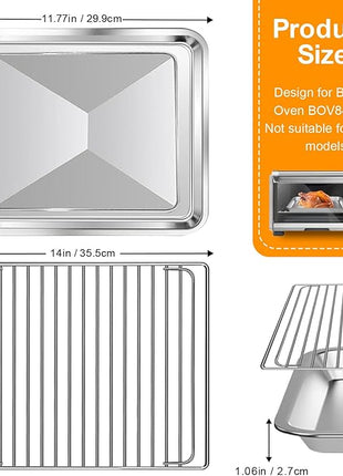 Air Fryer Baking Pan & Grill Rack Set for Breville Countertop Oven BOV845BSS, 14''×11.6''&11.77''×11.77', Nonstick Stainless Steel Set 360°Heating Grilling Oven Accessories for Family Cooking