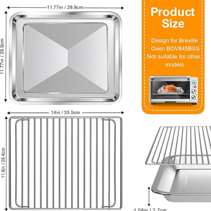 Air Fryer Baking Pan & Grill Rack Set for Breville Countertop Oven BOV845BSS, 14''×11.6''&11.77''×11.77', Nonstick Stainless Steel Set 360°Heating Grilling Oven Accessories for Family Cooking