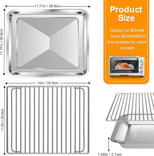 Air Fryer Baking Pan & Grill Rack Set for Breville Countertop Oven BOV845BSS, 14''×11.6''&11.77''×11.77', Nonstick Stainless Steel Set 360°Heating Grilling Oven Accessories for Family Cooking