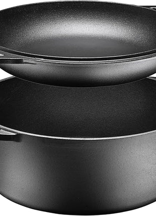 Bruntmor Pre-Seasoned Cast Iron Double Dutch Oven with Skillet Lid - 7 Quart All-in-One Casserole and Braising Pan - Heavy Duty and Oven Safe Black Cookware for Versatile Cooking - 14.7 x 6.9 Inches