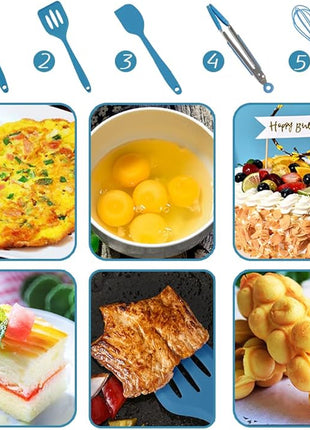 Mini Kitchen Utensil Set - Five-Piece Set, Tiny Silicone Kids Kitchen Tools - Whisk, Tongs, Spoon, Slotted Spatula - Blue