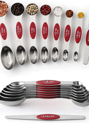 Spring Chef Red Stainless Steel Magnetic Measuring Spoons Set of 8 with Leveler, Metal Teaspoon & Tablespoon Measuring Spoons with Strong Magnets, Kitchen Gadgets for Baking & Cooking - Set of 2