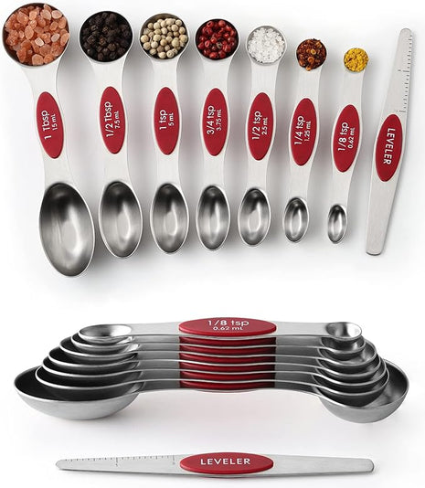 Spring Chef Red Stainless Steel Magnetic Measuring Spoons Set of 8 with Leveler, Metal Teaspoon & Tablespoon Measuring Spoons with Strong Magnets, Kitchen Gadgets for Baking & Cooking - Set of 2