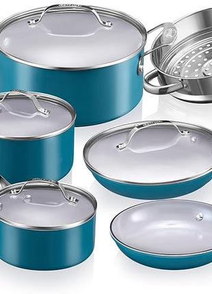 GOTHAM STEEL 15 Pc Ceramic Cookware Set, Ceramic Pots and Pans Set Non Stick with Cooking Utensils and Steamer, Non Toxic PFOA PFOS Free, Premium Stay Cool Handles, Oven & Dishwasher Safe, Blue