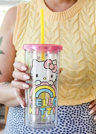 Silver Buffalo Sanrio Hello Kitty Plastic Tall Cold Cup with Lid and Straw, 20 Ounces