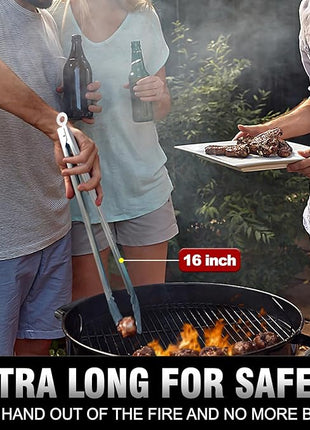 Tong for cooking, Walfos kitchen tongs set of 2 - Heat Resistant 600℉, Heavy Duty Locking Metal cooking Tongs, Stainless Steel BBQ Grilling,(All Metal 12in+16in)