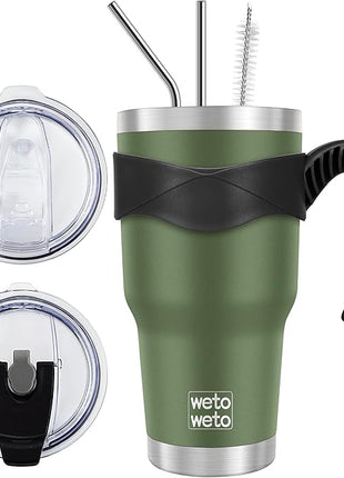 WETOWETO 30oz Stainless Steel Tumbler, Insulated Coffee Tumbler Cup with 2 Lids and 2 Straws, Double Walled Travel Coffee Mug for Hot & Cold Drinks (Army Green, 1 Pack)