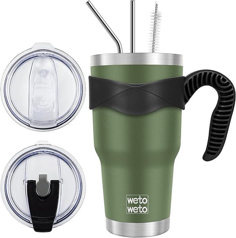 WETOWETO 30oz Stainless Steel Tumbler, Insulated Coffee Tumbler Cup with 2 Lids and 2 Straws, Double Walled Travel Coffee Mug for Hot & Cold Drinks (Army Green, 1 Pack)