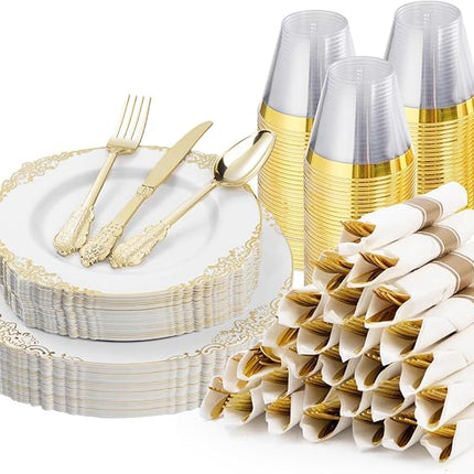 175PCS Gold Plastic Plates for 25 Guests, Disposable Dinnerware Sets Include 50 Gold Rim Plastic Plates, 25 Silverwares, 25 Cups, and 25 Pre Rolled Napkins for Party, Wedding and Graduation