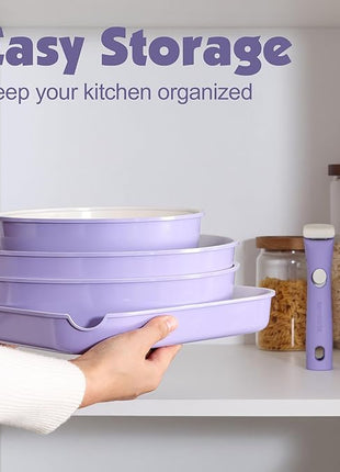 SENSARTE 17 Piece Ceramic Pots and Pans Set, Nonstick Detachable Handle Cookware, Induction Kitchen Cookware Set with Removable Handle, Dishwasher ＆ Oven Safe (Purple)