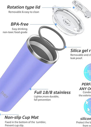 THILY Tumbler Stainless Steel Travel Mug 26 oz Triple-Insulated Coffee Cup with 2 Lids and Straws, Reusable, Powder Coated, Splash-Proof, Keep Ice Drinks Cold, Lavender