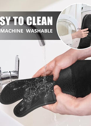 Rorecay 6pcs Oven Mitts and Pot Holders Sets Heat Resistant 500 Degrees, Extra Long and Non-Slip Silicone Oven Gloves Potholders Hot Pads for Kitchen Baking Cooking, Quilted Liner, Black