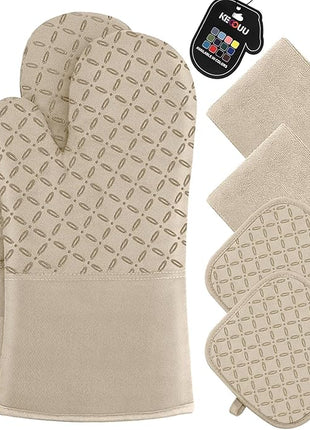KEGOUU Oven Mitts and Pot Holders 6pcs Set, Kitchen Oven Glove High Heat Resistant 500 Degree Extra Long Oven Mitts and Potholder with Non-Slip Silicone Surface for Cooking (Almond)