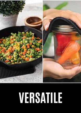 HOMWE Silicone Oven Mitts and Pot Holders, 4-Piece Set, Heavy Duty Cooking Gloves, Kitchen Counter Safe Trivet Mats, Advanced Heat Resistance, Slip-Resistant Textured Grip, Black