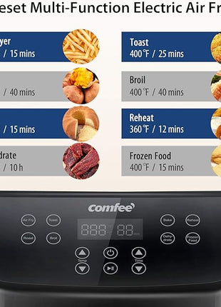 COMFEE' 5.8Qt Digital Air Fryer, Toaster Oven & Oilless Cooker, 1700W with 8 Preset Functions, LED Touchscreen, Shake Reminder, Non-stick Detachable Basket, BPA & PFOA Free (110 electronic Recipes)