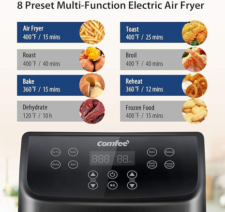 COMFEE' 5.8Qt Digital Air Fryer, Toaster Oven & Oilless Cooker, 1700W with 8 Preset Functions, LED Touchscreen, Shake Reminder, Non-stick Detachable Basket, BPA & PFOA Free (110 electronic Recipes)