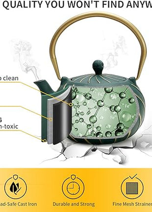 TOPTIER Japanese Cast Iron Teapot with Infuser, Stovetop Safe Teakettle, Wave Design, Enameled Interior, 30 oz (900 ml), Green