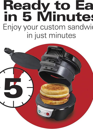 Hamilton Beach Breakfast Sandwich Maker with Egg Cooker Ring, Customize Ingredients, Perfect for English Muffins, Croissants, Mini Waffles, Perfect White Elephant Gifts, Black (25477)