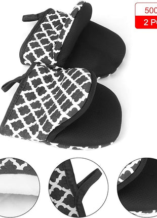 1 Pair Short Oven Mitts, Heat Resistant Silicone Kitchen Mini Oven Mitts for 500 Degrees, Non-Slip Grip Surfaces and Hanging Loop Gloves, Baking Grilling Barbecue Microwave Machine Washable