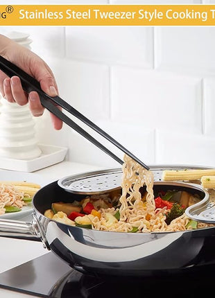 JETKONG 14-Inch Long Stainless Steel Thin Tongs Heavy Duty Kitchen Cooking Tweezers Tongs, Set of 3 (14 14 14 Inch, Black)