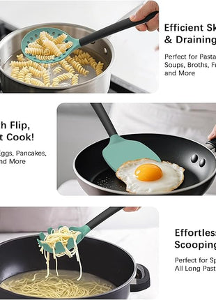 Coukre Silicone Kitchen Cooking Utensils Set with Holder – Heat-Resistant, Food-Grade Kitchen Tools, Spatula, Spoon & Gadgets for Non-Stick Pans, Dishwasher Safe (14, AquaGreen)